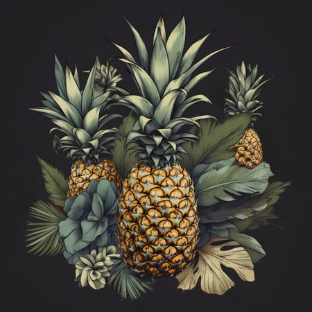 Pineapples with tropical leaves on black background. Hand drawn illustrationの素材