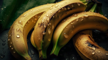 Bunch of fresh bananas with water drops on black background, closeupの素材