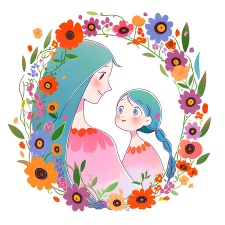 Mother and daughter in floral frame. Vector illustration for your design.の素材