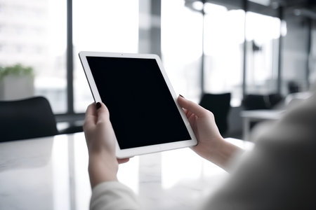Female hands holding tablet pc with blank black screen on table in officeの素材