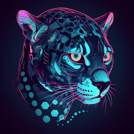 Vector illustration of a leopard head on a dark background in neon colorsの素材