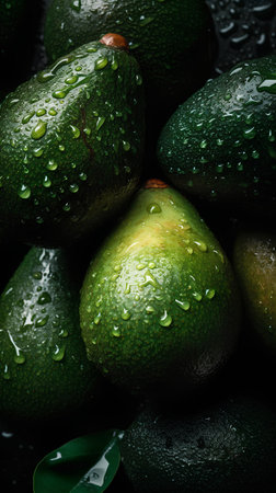 Ripe avocados with drops of water on a dark background.の素材