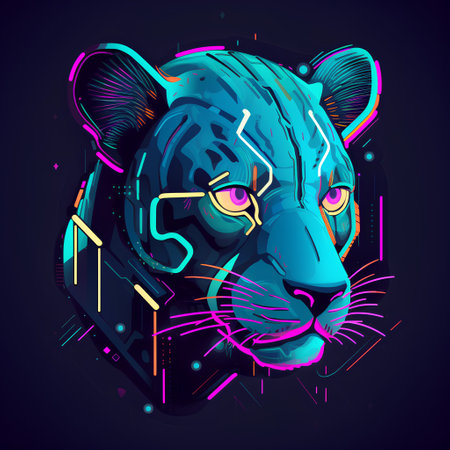 Neon portrait of a leopard in the style of 80s. Vector illustration.の素材