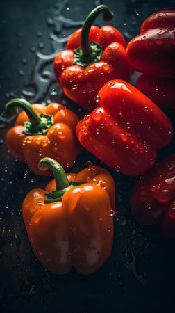 Red and orange bell peppers on a dark background. Selective focus.の素材