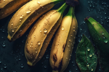 Bunch of ripe bananas with water drops on dark background, closeupの素材
