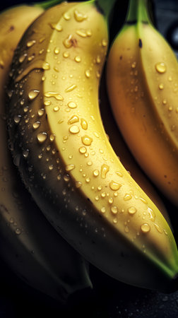 Bunch of fresh bananas with water drops on black background, closeupの素材