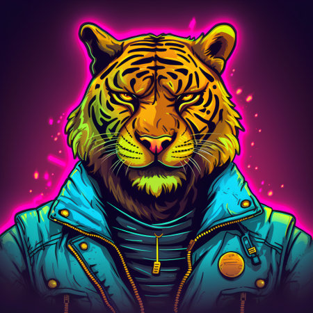 Vector illustration of a tiger in a leather jacket on a dark background.の素材