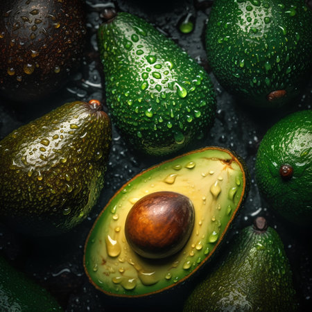 Ripe avocados with drops of water on a dark backgroundの素材
