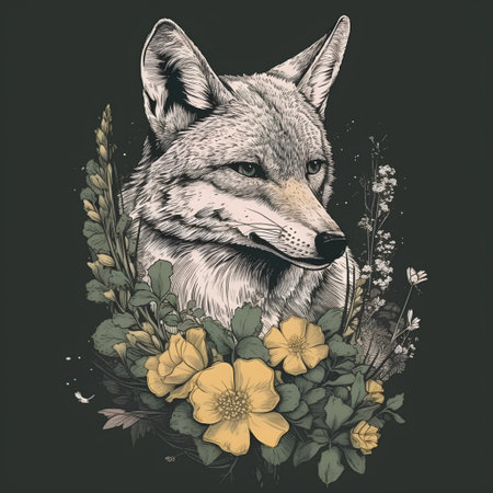 Wolf with flowers. Hand drawn vector illustration for t-shirt print.の素材