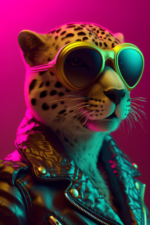 Fashionable leopard with sunglasses and leather jacket. 3d illustration.の素材