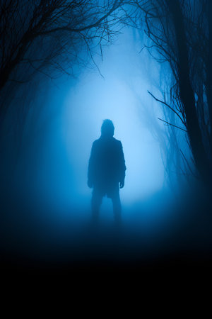 Silhouette of a man in a dark foggy forest. Halloween backgroundの素材