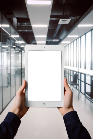 male hands holding tablet pc with white screen in modern office, mock upの素材
