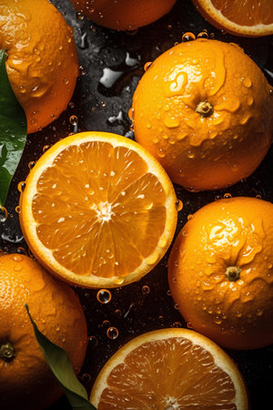 Fresh oranges with water drops on a black background. Top view.の素材