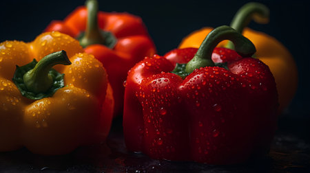 Colorful bell peppers on dark background. Selective focus. Toned.の素材