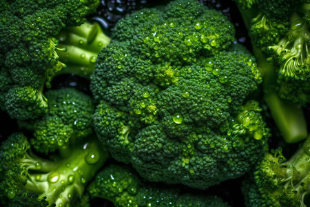 Fresh green broccoli with water drops on black background. Healthy food concept.の素材
