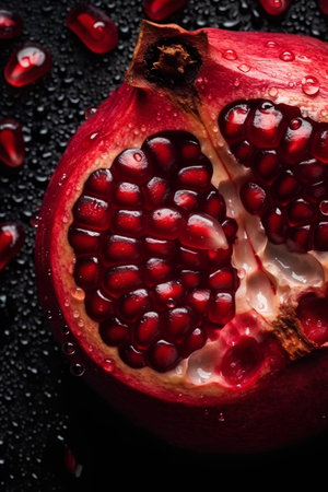 Pomegranate fruit with water drops on black background, closeupの素材