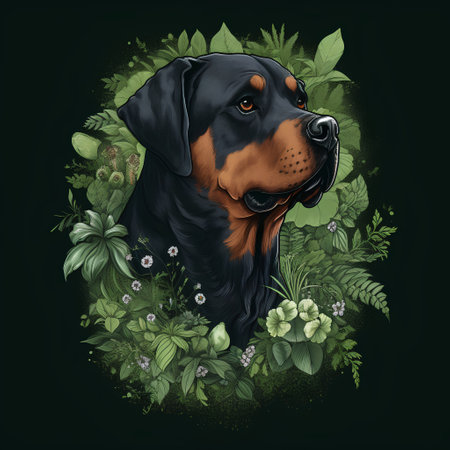 Rottweiler portrait with flowers and leaves. Vector illustration.の素材