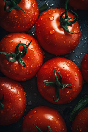 Fresh red tomatoes with water drops on dark background. Top view.の素材