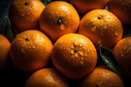 Ripe tangerines with drops of water on a black backgroundの素材