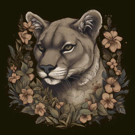 Panther portrait with flowers and leaves. Hand drawn vector illustration.の素材