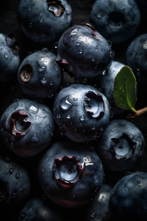 Fresh blueberries with water drops on dark wooden background, top viewの素材