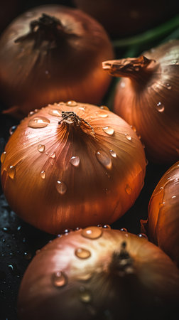Fresh onion with water drops on rustic wooden background, selective focusの素材