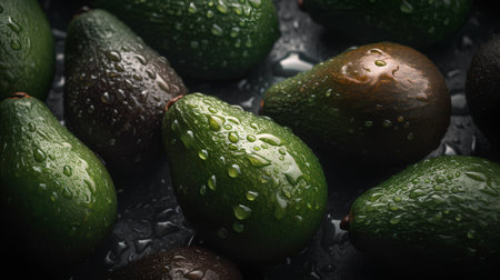 Fresh ripe avocados with water drops on a dark background.の素材