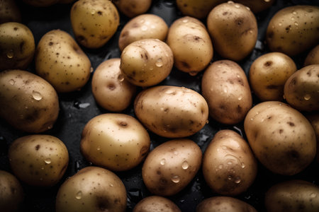 Raw potatoes on a black background. Selective focus. Toned.の素材