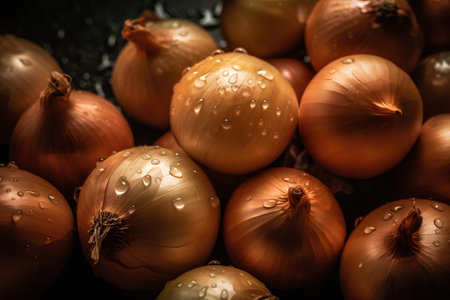 Fresh onions with water drops on dark background. Selective focus.の素材