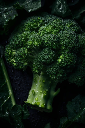 Fresh green broccoli with water drops on dark background. Top view.の素材