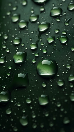Water drops on green metal surface. Abstract background. Shallow DOF.の素材
