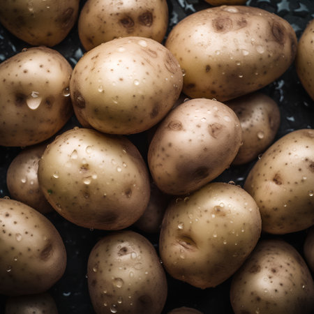 Raw organic potatoes with water drops on a dark background. Toned.の素材