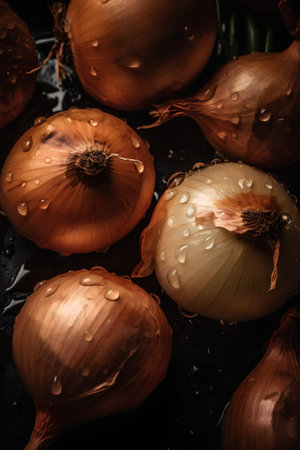 Fresh onions on a black background. Selective focus. Toned.の素材