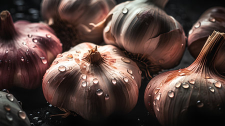 Fresh garlic on a black background. Selective focus. Toned.の素材
