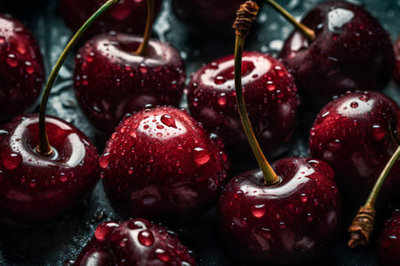 Ripe red cherries with water drops on a dark background.の素材