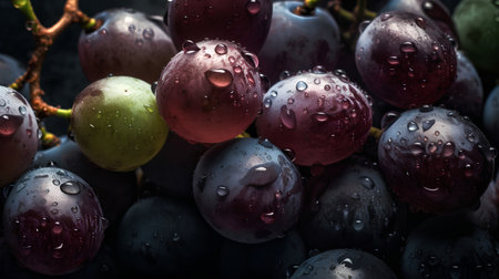 Bunch of fresh grapes with water drops on a dark background.の素材