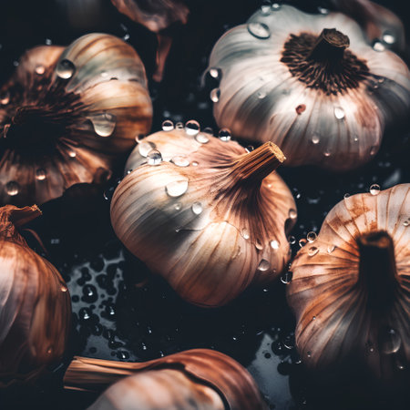 Fresh garlic on a black background with water drops. Selective focus.の素材