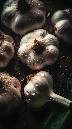 Garlic with water drops on rustic background. Toned.の素材