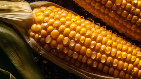 Ripe corn on the cob with water drops on a dark backgroundの素材