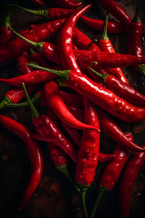 Red hot chili peppers with drops of water on dark rustic backgroundの素材