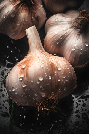 Garlic on a black background with drops of water. Toned.の素材