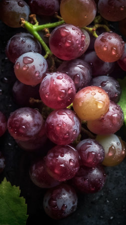 Fresh bunch of grapes with water drops on black background, closeupの素材