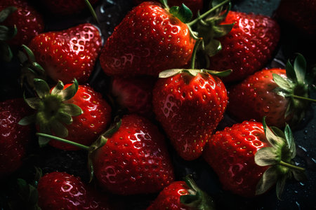 Fresh ripe strawberries on a dark background. Selective focus. Toned.の素材