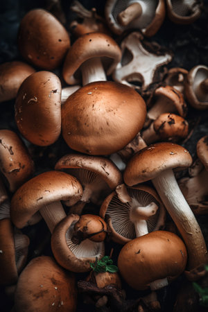 Mushrooms on a dark background. Selective focus. Toned.の素材