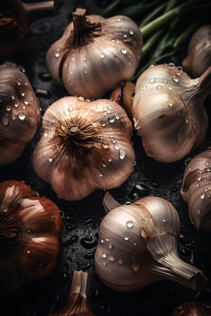 Garlic and onion on a dark background. Selective focus.の素材