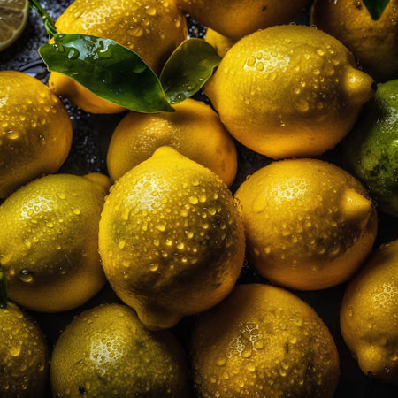 Lemons and lemons with water drops on a black backgroundの素材