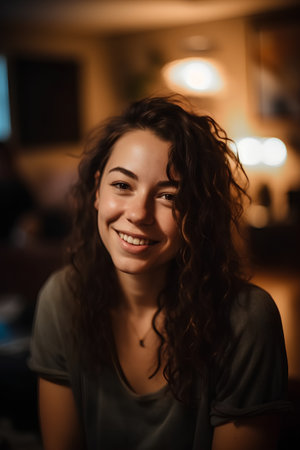 Portrait of a beautiful young woman with curly hair smiling at the cameraの素材