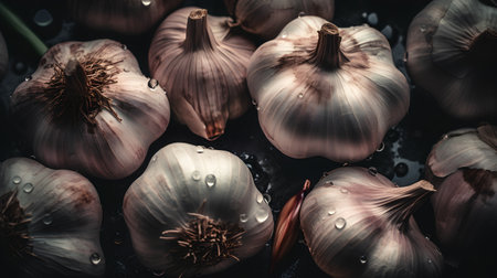 Garlic bulbs and garlic cloves on a dark background. Toned.の素材