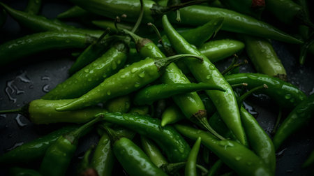 Green hot chili peppers on a dark background. Selective focus.の素材
