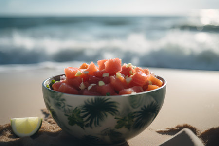 Salmon salad in a bowl on the beach. Selective focus.の素材